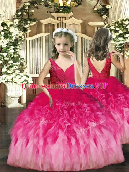 V-neck Sleeveless Pageant Dress for Girls Floor Length Beading and Ruffles Hot Pink Tulle - Click Image to Close