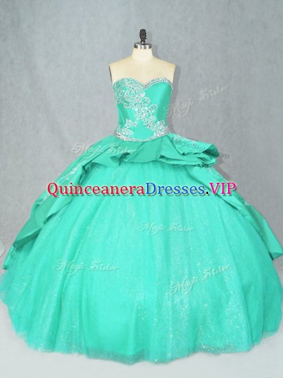 Sweetheart Sleeveless Ball Gown Prom Dress Court Train Embroidery Turquoise Satin - Click Image to Close