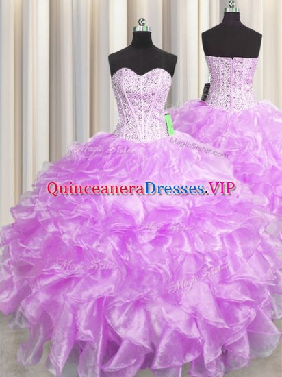 Visible Boning Zipper Up Lilac Ball Gowns Sweetheart Sleeveless Organza Floor Length Zipper Beading and Ruffles Vestidos de Quinceanera - Click Image to Close