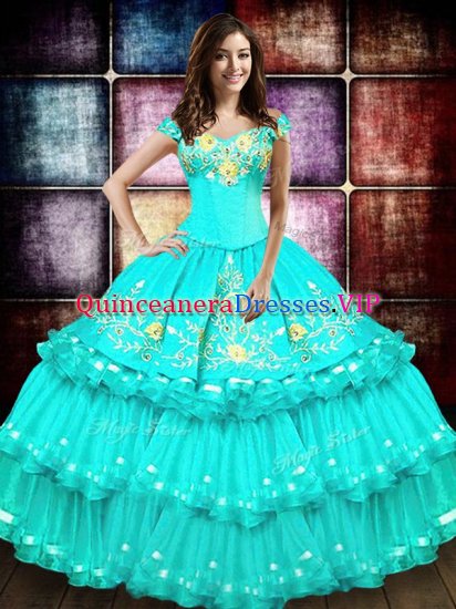 Ruffled Ball Gowns Quinceanera Dresses Turquoise Off The Shoulder Organza Sleeveless Floor Length Lace Up - Click Image to Close