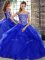 Off The Shoulder Sleeveless Tulle Quince Ball Gowns Beading and Ruffles Brush Train Lace Up