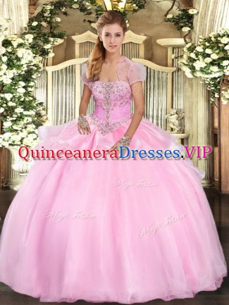 Unique Strapless Sleeveless Lace Up Quinceanera Dresses Baby Pink Organza