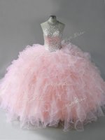High End Sleeveless Tulle Floor Length Lace Up Ball Gown Prom Dress in Pink with Beading and Ruffles