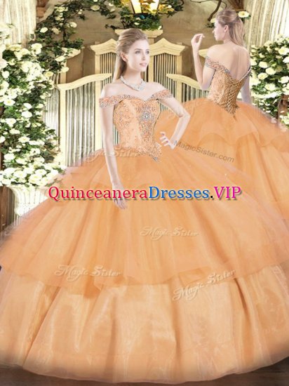 Chic Ball Gowns 15th Birthday Dress Orange Off The Shoulder Organza Sleeveless Floor Length Lace Up - Click Image to Close