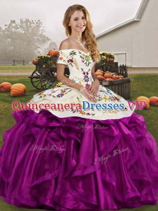 Glittering Off The Shoulder Sleeveless Lace Up Sweet 16 Dress White And Purple Organza