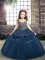 Floor Length Lace Up Little Girl Pageant Dress Navy Blue for Party and Military Ball and Wedding Party with Beading and Appliques