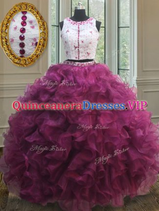 Smart Two Pieces Burgundy Organza Zipper Scoop Sleeveless Floor Length Quinceanera Gown Beading and Lace and Ruffles
