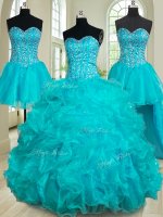 Sexy Four Piece Teal Sweetheart Neckline Beading and Ruffles Quinceanera Dress Sleeveless Lace Up(SKU PSSW0278KC003BIZ)