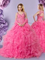 Hot Pink Lace Up Straps Lace Sweet 16 Dresses Organza Sleeveless