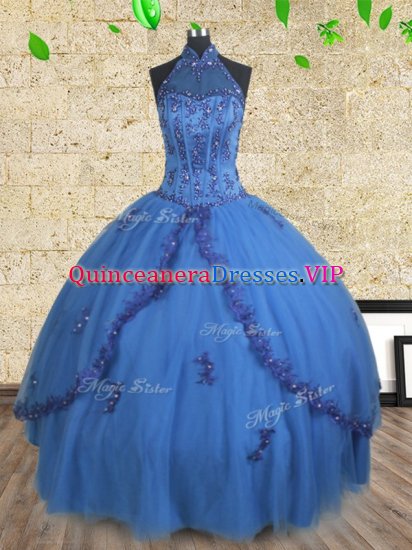 Halter Top Blue Sleeveless Floor Length Beading Lace Up Quinceanera Dress - Click Image to Close