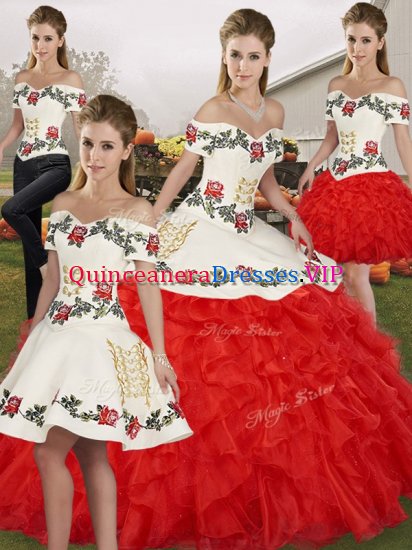Organza Off The Shoulder Sleeveless Lace Up Embroidery and Ruffles Sweet 16 Dresses in White And Red - Click Image to Close