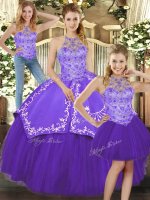 Floor Length Three Pieces Sleeveless Purple Quinceanera Gowns Lace Up(SKU SJQDDT1278007BIZ)