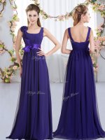 Purple Empire Straps Sleeveless Chiffon Floor Length Zipper Belt and Hand Made Flower Damas Dress
