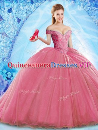 Coral Red Ball Gowns Organza Off The Shoulder Sleeveless Beading Lace Up Ball Gown Prom Dress Brush Train