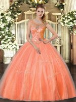 Super Ball Gowns Vestidos de Quinceanera Orange Red Scoop Tulle Sleeveless Floor Length Lace Up