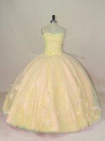 Tulle Sweetheart Sleeveless Lace Up Beading and Hand Made Flower Quinceanera Gown in Peach