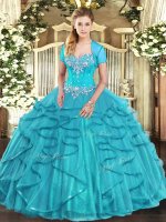 Customized Sweetheart Sleeveless Lace Up Sweet 16 Quinceanera Dress Aqua Blue Tulle