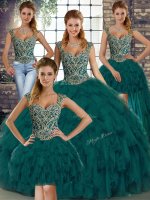 Simple Sleeveless Lace Up Floor Length Beading and Ruffles Sweet 16 Dress