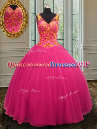 Pretty Beading Ball Gown Prom Dress Hot Pink Zipper Sleeveless Floor Length