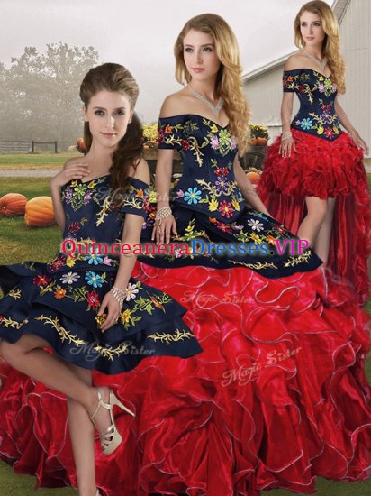 Glittering Off The Shoulder Sleeveless Lace Up Quinceanera Gown Red And Black Organza - Click Image to Close