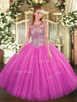 Scoop Sleeveless Sweet 16 Dress Floor Length Beading Fuchsia Tulle