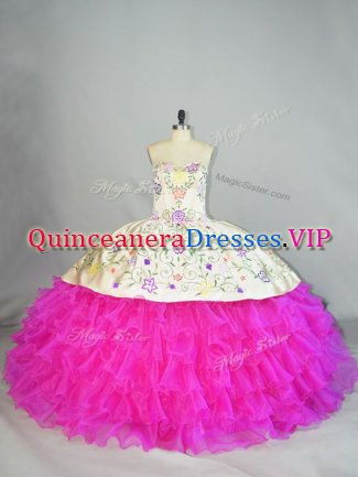 Comfortable Fuchsia Ball Gowns Embroidery and Ruffled Layers Sweet 16 Dresses Lace Up Organza Sleeveless