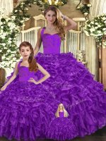 Sweet Purple Halter Top Neckline Ruffles Quinceanera Gown Sleeveless Lace Up