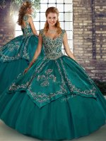 Sleeveless Floor Length Beading and Embroidery Lace Up Sweet 16 Dress with Teal