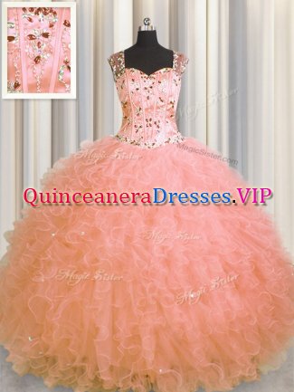 Modern See Through Zipper Up Straps Sleeveless Vestidos de Quinceanera Floor Length Beading and Ruffles Watermelon Red Tulle