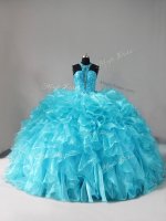 Adorable Aqua Blue Sleeveless Brush Train Beading and Ruffles 15 Quinceanera Dress