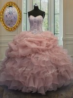 Baby Pink Ball Gowns Beading and Pick Ups 15th Birthday Dress Lace Up Organza Sleeveless Floor Length