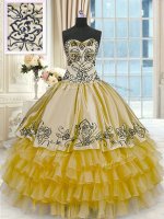 Sleeveless Floor Length Beading and Embroidery and Ruffled Layers Lace Up 15 Quinceanera Dress with Gold