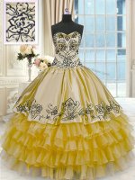 Sleeveless Floor Length Beading and Embroidery and Ruffled Layers Lace Up 15 Quinceanera Dress with Gold(SKU PSSW0250-4BIZ)