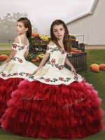 Floor Length Red Pageant Gowns For Girls Organza Sleeveless Embroidery and Ruffled Layers(SKU PAG1263BIZ)