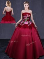 Ball Gowns Sweet 16 Quinceanera Dress Wine Red Strapless Satin Sleeveless Floor Length Lace Up