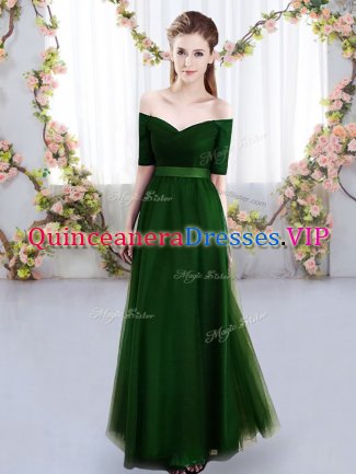New Arrival Green Empire Off The Shoulder Short Sleeves Tulle Floor Length Lace Up Ruching Quinceanera Court of Honor Dress