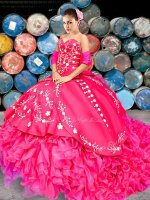 Super Hot Pink Sleeveless With Train Beading and Embroidery and Ruffles Lace Up Quinceanera Gown(SKU XBQD032BIZ)