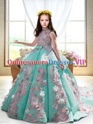 Turquoise Sleeveless Satin Court Train Backless Pageant Gowns For Girls for Wedding Party