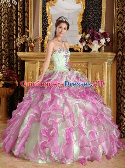 Burlington Iowa/IA Latest Fuchsia and Apple Green Organza With Appliques Floor-length Quinceanera Dress Sweetheart Ball Gown - Click Image to Close