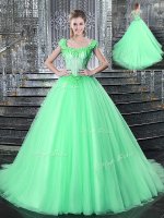 Straps Apple Green Sleeveless Brush Train Beading and Appliques With Train 15th Birthday Dress(SKU YCQD0167-7BIZ)