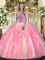 Rose Pink Sleeveless Floor Length Beading and Ruffles Lace Up Quinceanera Gowns