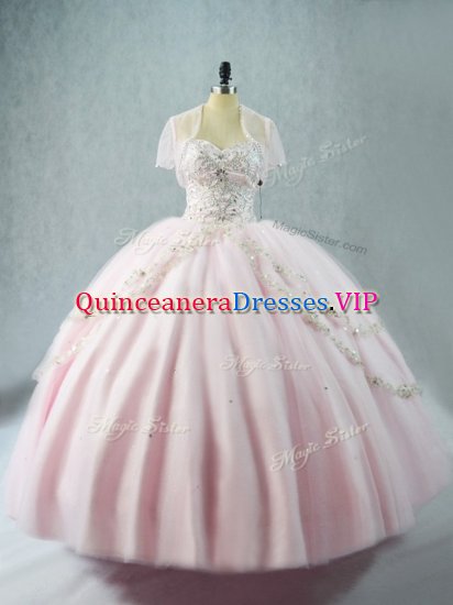 Simple Pink Ball Gowns Tulle Sweetheart Sleeveless Beading Floor Length Lace Up 15 Quinceanera Dress - Click Image to Close