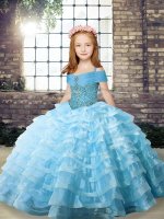 Modern Aqua Blue Straps Lace Up Beading and Ruffled Layers Winning Pageant Gowns Brush Train Sleeveless