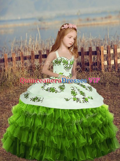 Dazzling Floor Length Green Little Girl Pageant Gowns Organza Sleeveless Embroidery and Ruffled Layers - Click Image to Close