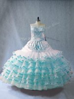 Blue And White Organza Lace Up Sweetheart Sleeveless Floor Length Sweet 16 Quinceanera Dress Embroidery and Ruffled Layers