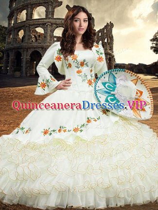 Clearance White Long Sleeves Embroidery and Ruffled Layers Floor Length Ball Gown Prom Dress