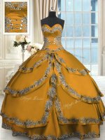 Fantastic Gold Ball Gowns Sweetheart Sleeveless Taffeta Floor Length Lace Up Beading and Embroidery and Ruffled Layers Sweet 16 Dress