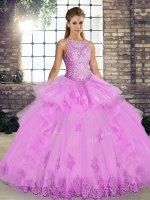 Lilac Scoop Neckline Lace and Embroidery and Ruffles 15th Birthday Dress Sleeveless Lace Up