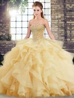 Comfortable Brush Train Ball Gowns Quinceanera Gown Gold Sweetheart Tulle Sleeveless Lace Up