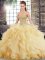 Comfortable Brush Train Ball Gowns Quinceanera Gown Gold Sweetheart Tulle Sleeveless Lace Up